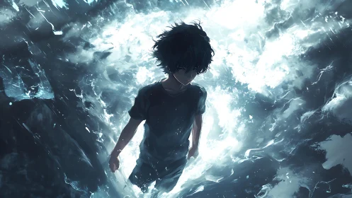 Solitary anime boy stands in swirling luminous water storm.
