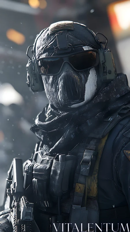 Tactical operator portrait with winter combat gear closeup.