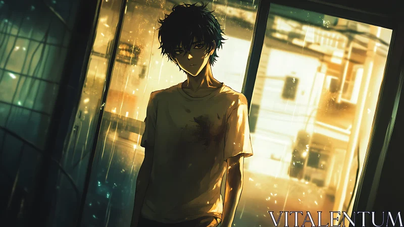 Brooding anime boy in bloodstained shirt near window at dusk.