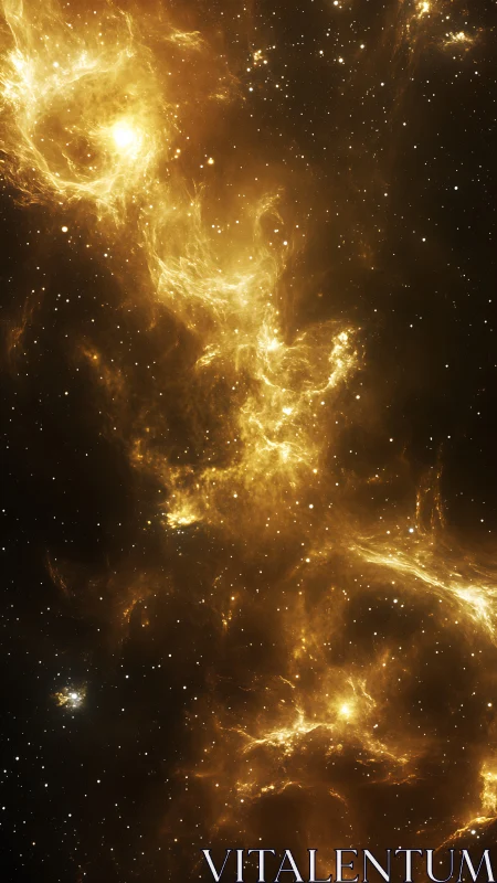 Golden nebula clouds stream through a star-filled cosmos.