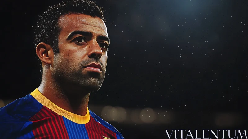 Focused footballer stands under stadium lights in rain