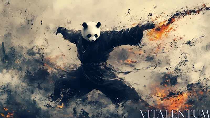 Anthropomorphic panda warrior executes fiery martial strike