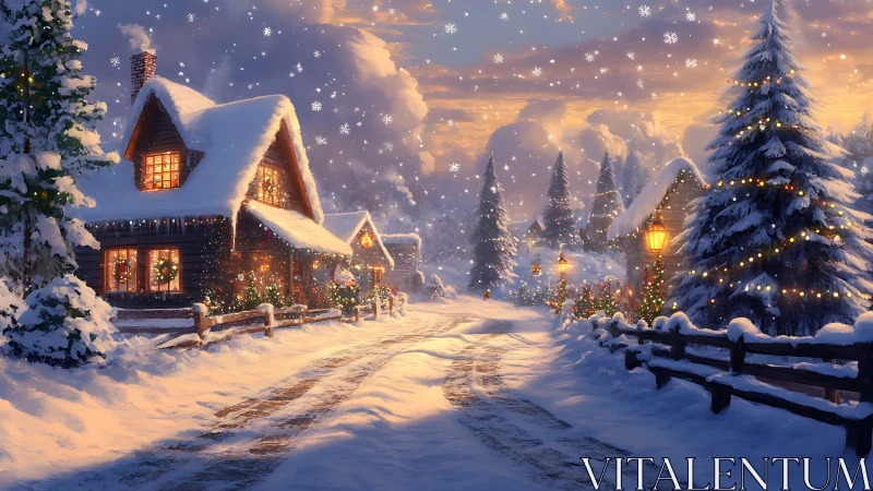 Snowy Christmas village glows under golden twilight sky.