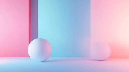 Minimalist spheres intersect soft cyan and pink light fields