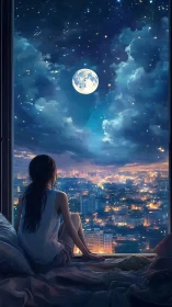 Moonlit city hums while a window-sill dreamer keeps watch