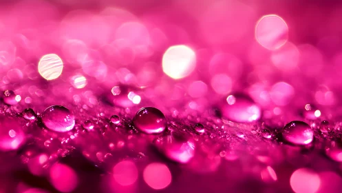 Macro water droplets rest on magenta reflective surface