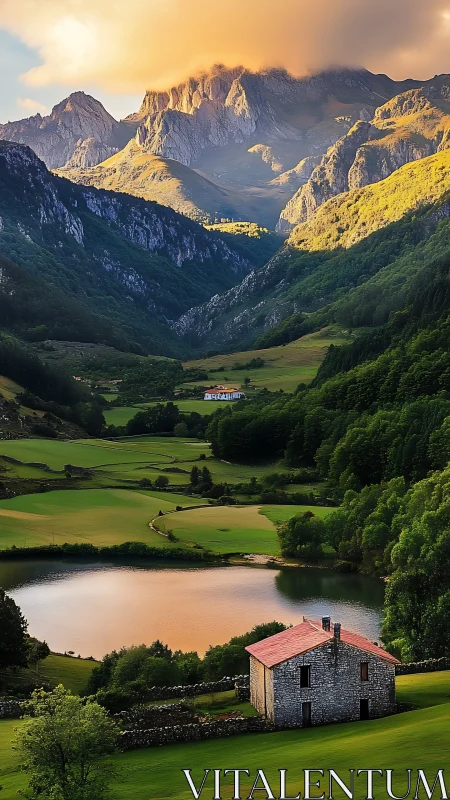 Sunlit mountain valley with lakeside stone cottage foreground.