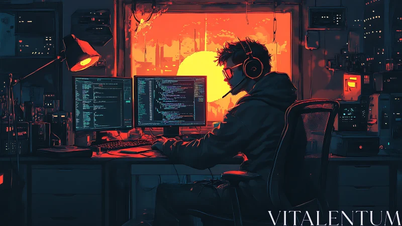 Hooded programmer coding at dual monitors in neon studio.