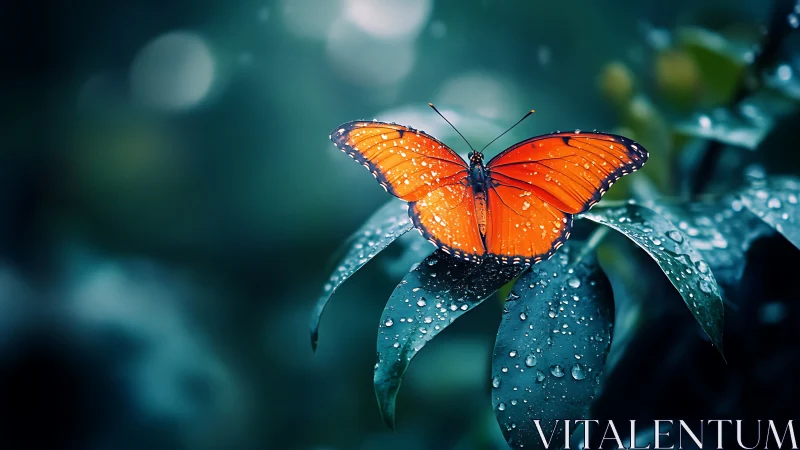 Orange butterfly on wet green leaves in soft forest light.