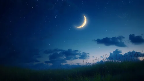 Crescent moon glows above tranquil starlit meadow night.