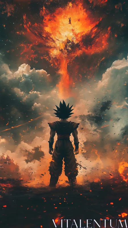 Blazing sky warrior confronting a storm of cosmic fire.