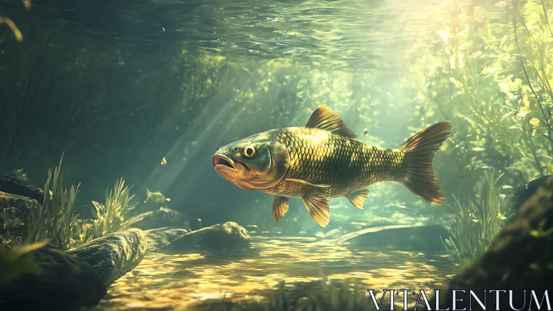 Subsurface river carp under volumetric caustic sunlight field.