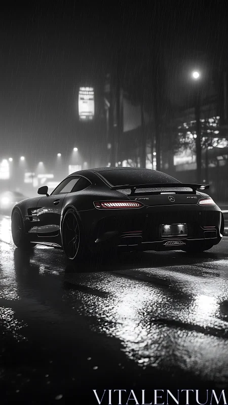 Sleek sports car glides through a rainy neon city night