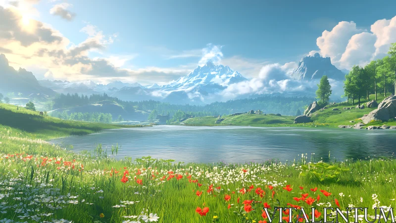 Lakeside meadow lies before distant snow covered mountain range