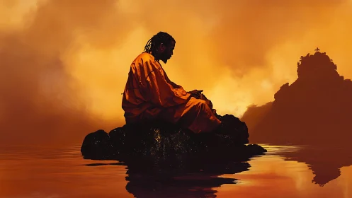 Solitary monk adrift in molten dusk across silent waters.