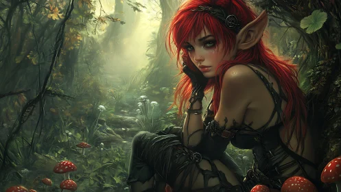Red haired forest elf seated among fly agaric mushrooms