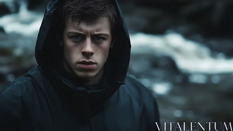 Storm-eyed wanderer in a rain-dark riverside cloak.