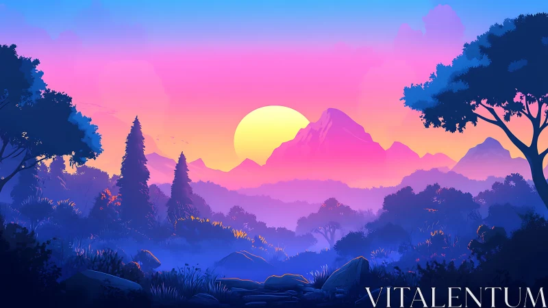 Digital landscape with sun, distant mountains and forest.