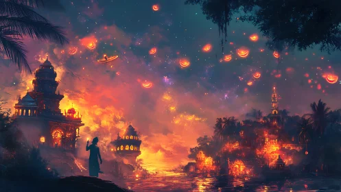 Fantasy riverside city under glowing smiling night sky.