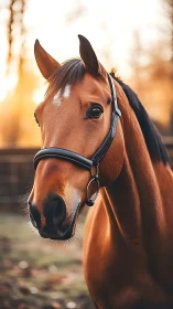 Golden-hour bay horse with soulful, sunrise-soft eyes.