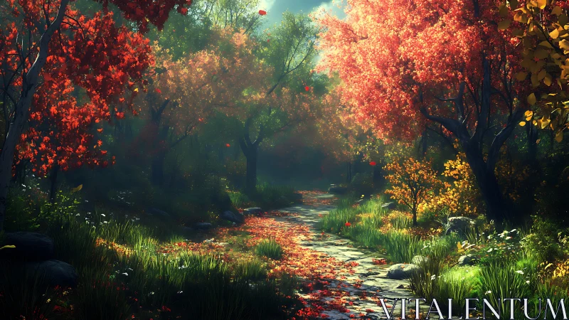 Autumn's Gentle Path Through Glowing Woods.