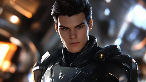 Fearless young space pilot in sleek futuristic armor.