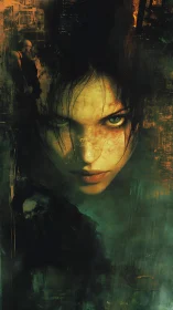 Intense female face in dark abstract urban textures.