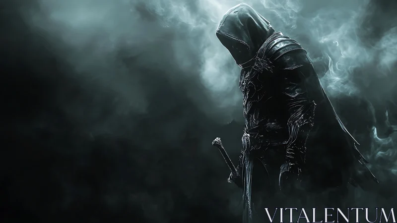 Hooded dark knight emerges from smoky void in high-contrast art