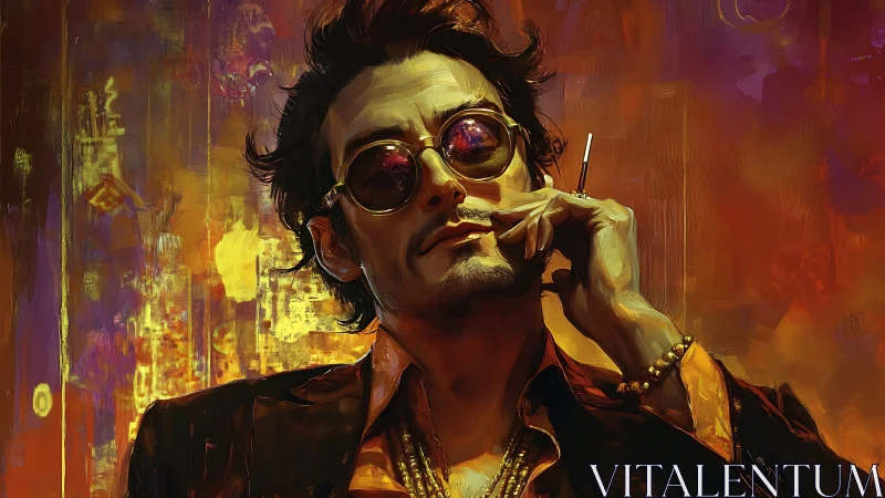 Stylized portrait of man smoking with vivid warm colors.