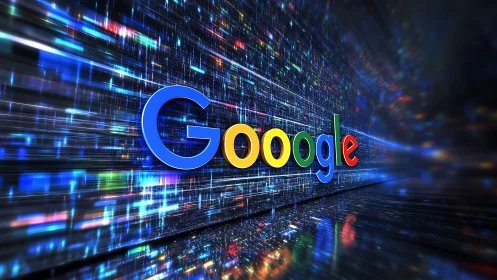 Google logo glows within a fast flowing digital data tunnel