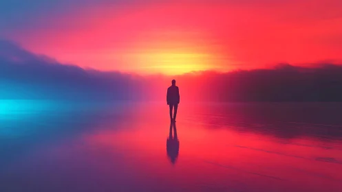 Solitary figure walks neon shoreline under radiant sunset.