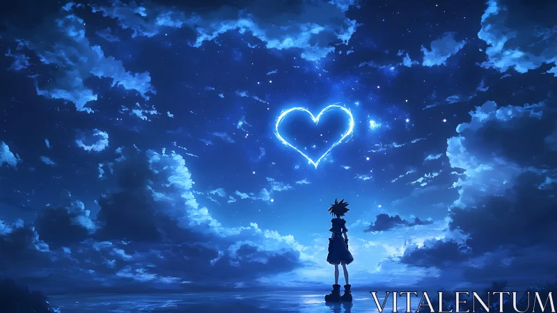 Stargazing youth below luminous heart-shaped nebula sky