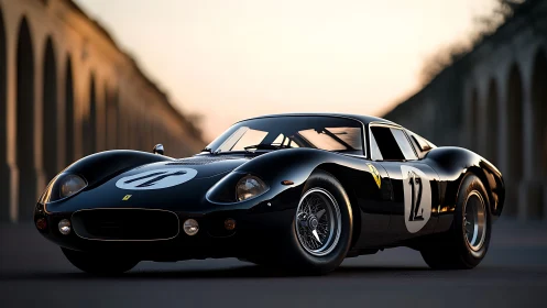 Black classic racing coupe on empty roadway at dusk.