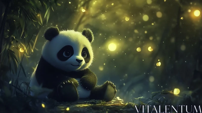 Gentle panda cub in glowing forest of golden fireflies.