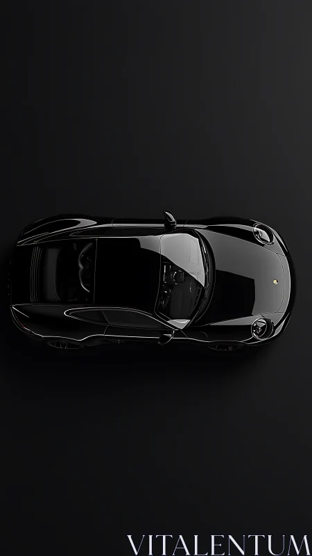 Black sports coupe top view against dark studio background.