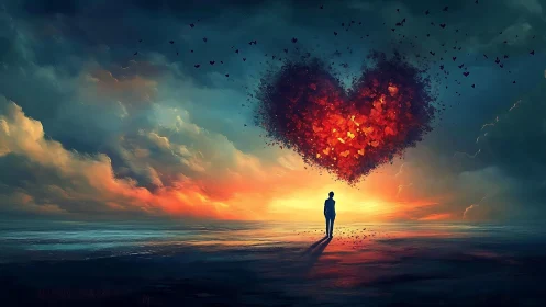 Silhouette figure at sunset beneath fragmented heart shape.