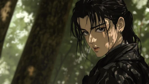 Quiet strength lingers as a lone anime hero walks the forest