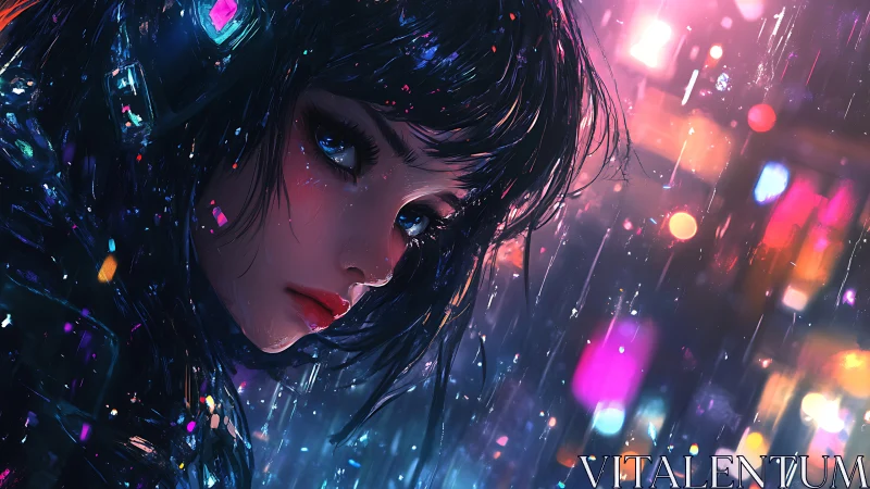 Neon soaked girl gazes through rain in cyberpunk city night.