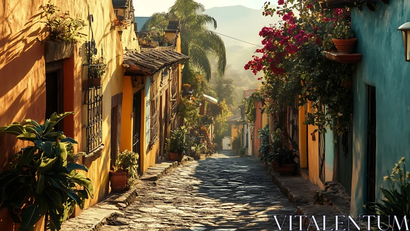 Cobbled colonial street recedes under warm golden-hour backlight