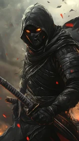 Hooded infernal warrior stands ready in a storm of embers