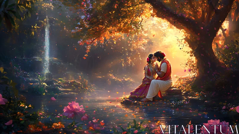 Two souls share a magical moment in an enchanted woodland paradise