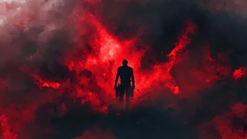 Silhouetted figure stands centered in dense red smoke cloud