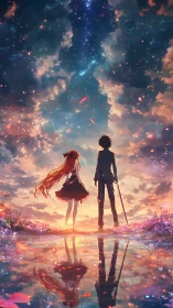 Stargazing anime duo beside reflective water under nebula sky