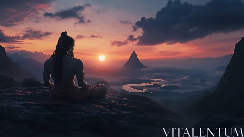 Meditative sage overlooking misty river valley at sunrise.