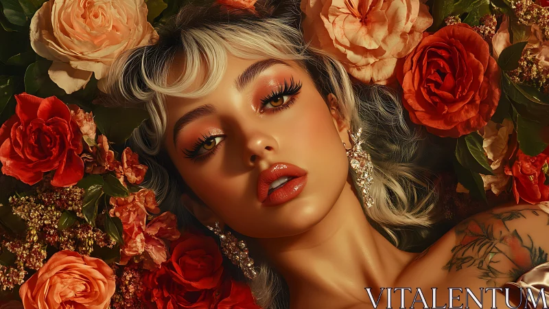 Velvet muse reclining in a furnace of blooming roses.