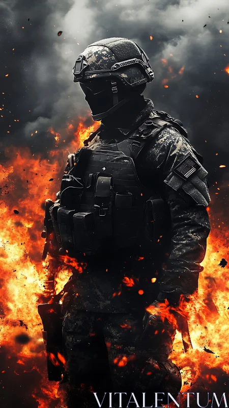 Armored combat figure stands amid vertical fire plume