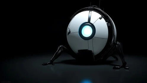 Spherical robot unit stands in dark studio environment