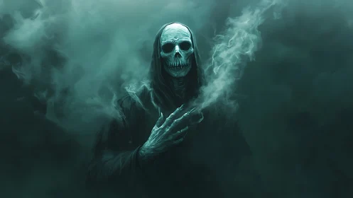 Hooded skeletal figure in smoke-filled monochrome environment.