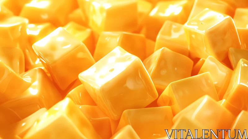 Molten-look cheese cubes in glossy macro 3D render.