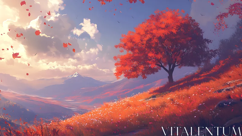 Autumn hillside tree overlooks sunlit valley and distant peak